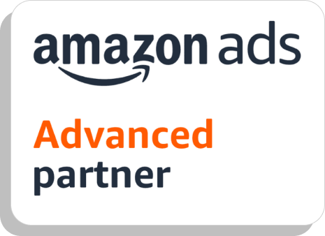 Amazon Ads logo with the subtitle 'Advanced Partner' indicating a higher level of partnership and expertise in Amazon's advertising services.