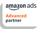 Badge indicating 'Amazon Ads Advanced Partner' status with Amazon's smile logo in black and 'Advanced Partner' in bold orange text.