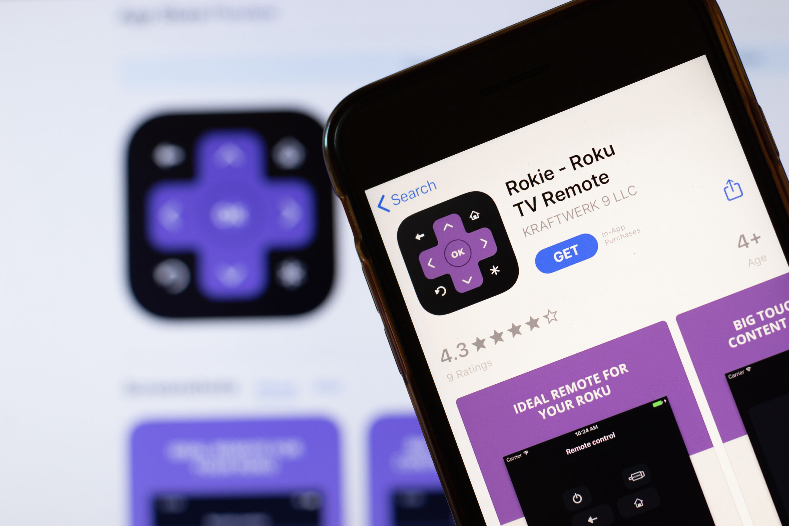 Image of a smartphone with the Roku TV Remote app open in the app store