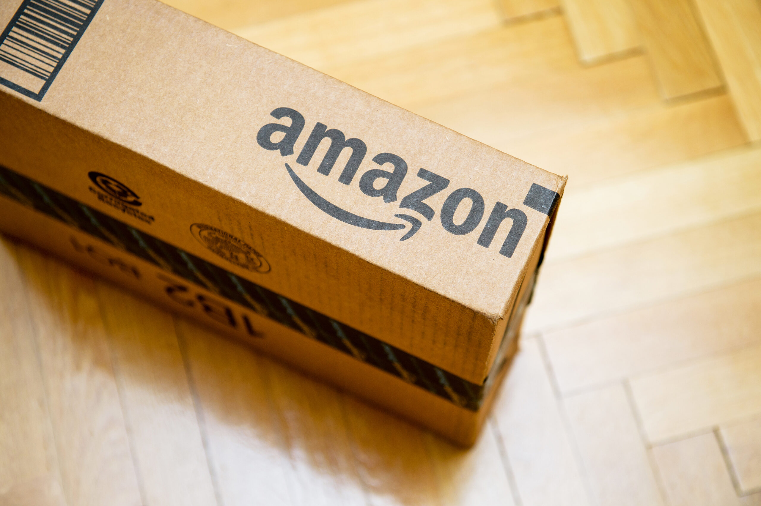 Amazon package on a wood floor