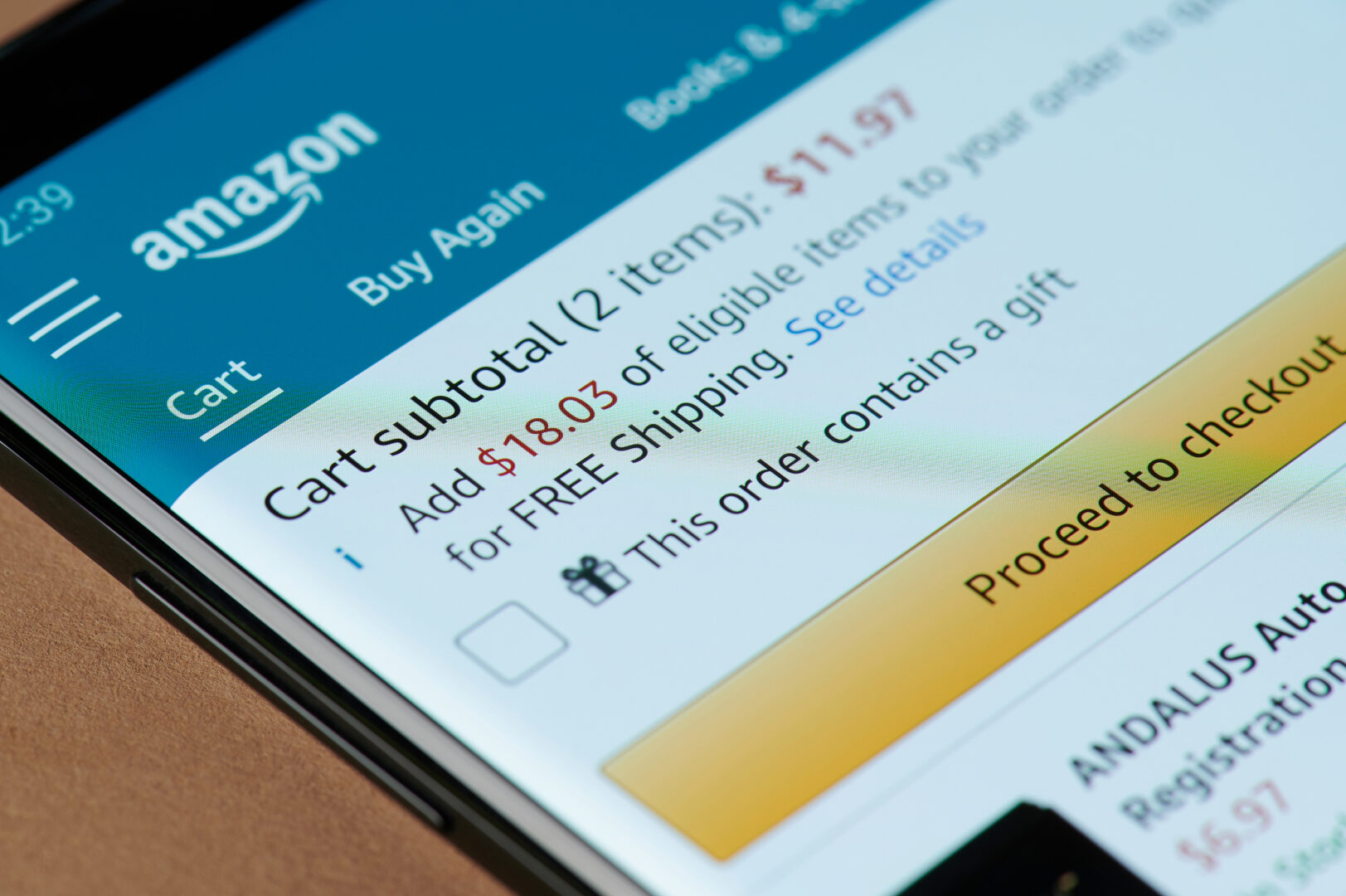 An Amazon cart open on a smart device